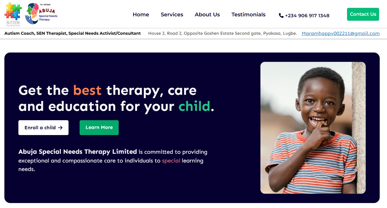 Abuja Special Needs Therapy website – slide 1